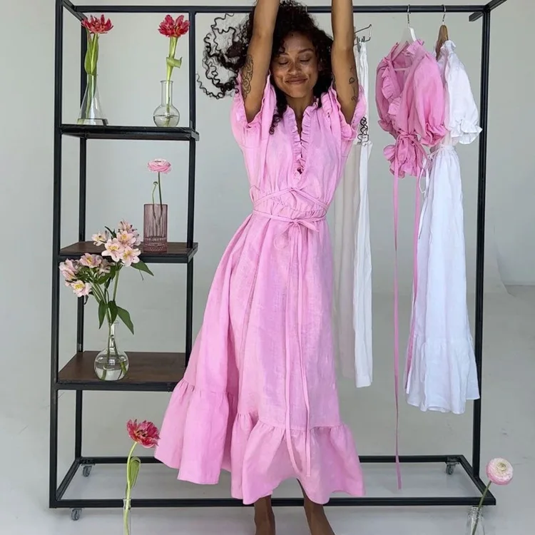2024 Ruffles Low Cut Lace Up Casual Vacation Dress Women Solid Short Puffles Sleeve Summer Dress Office Lady Elegant Loose Dress
2024 Ruffles Low Cut Lace Up Casual Vacation Dress Women Solid Short Puffles Sleeve Summer Dress Office Lady Elegant Loose Dress