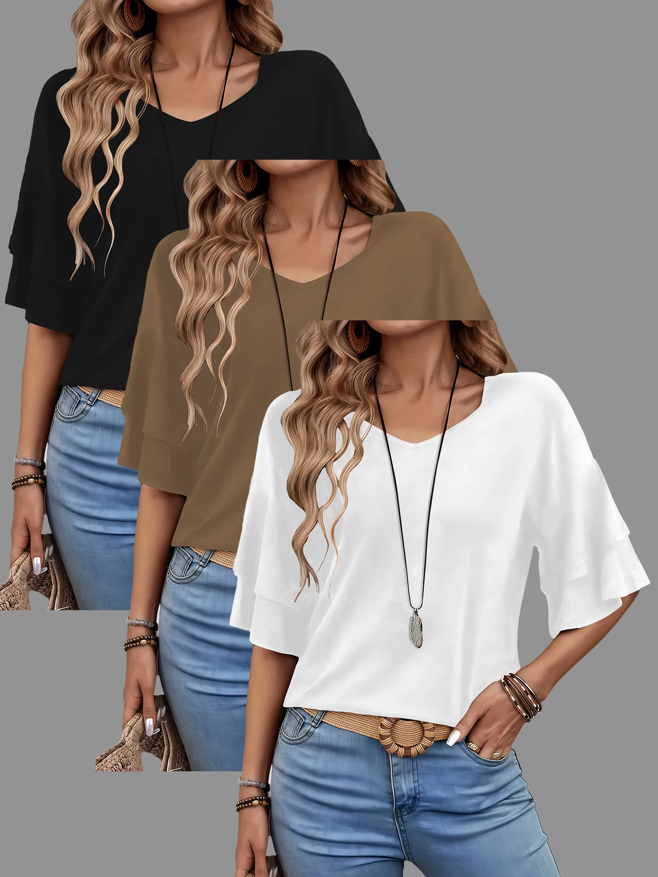 Комплект из 3 предметов, однотонная элегантная женская модная футболка с V-образным вырезом и двойными рукавами-колокольчиками, эластичная ткань, подходит для весны, лета и осени, повседневная и универсальная одежда для ежедневной носки, прогулок и вечери
Комплект из 3 предметов, однотонная элегантная женская модная футболка с V-образным вырезом и двойными рукавами-колокольчиками, эластичная ткань, подходит для весны, лета и осени, повседневная и универсальная одежда для ежедневной носки, прогулок и вечери