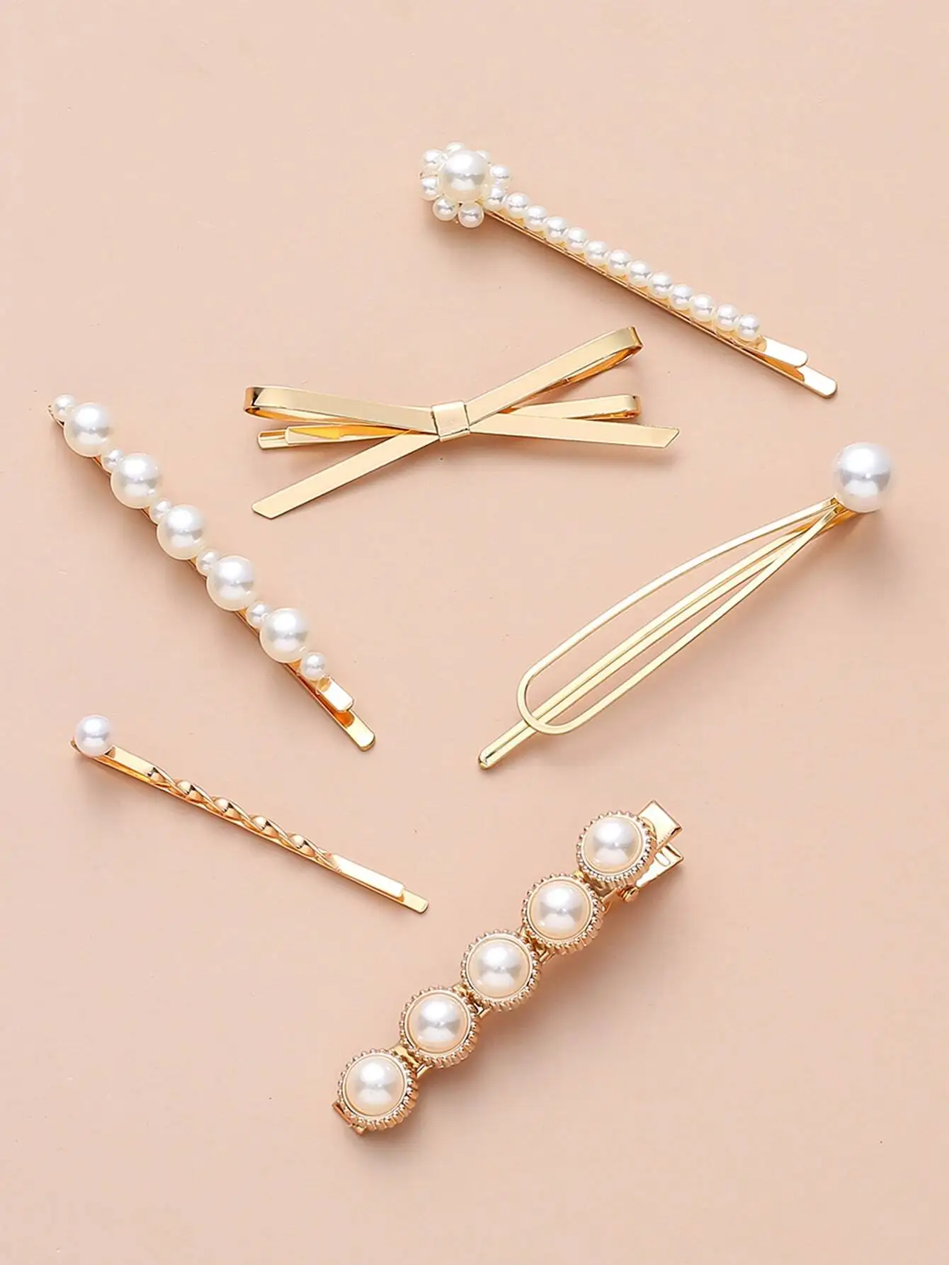 6pcs Gold Tone Faux Pearl Hair Clips Set with Bow and Linear Designs
6pcs Gold Tone Faux Pearl Hair Clips Set with Bow and Linear Designs