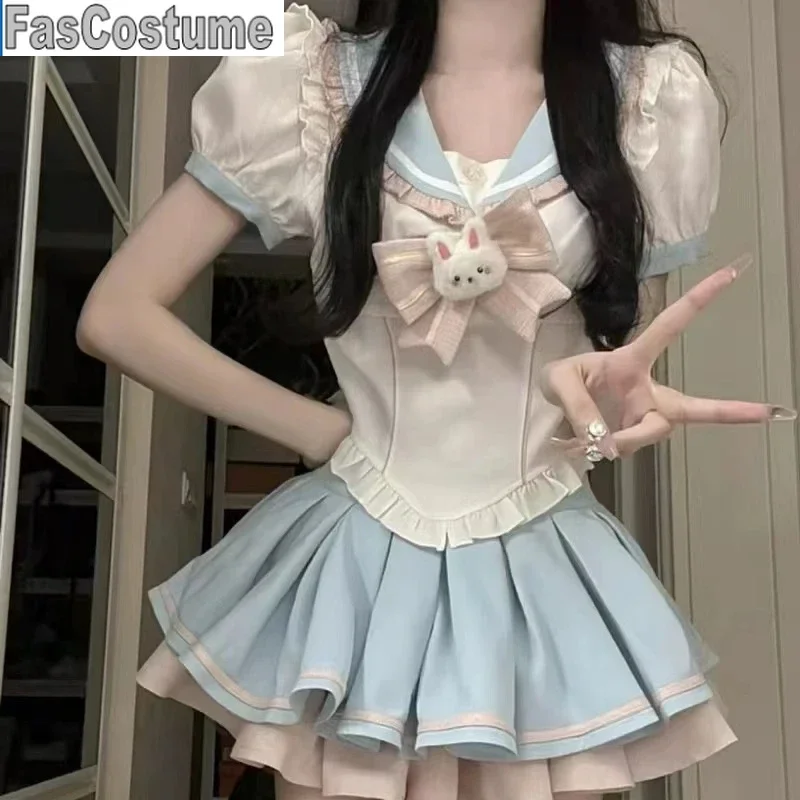 Blue Kawaii Y2k Women 2 Piieces Sets Sweets Bunny Bow Sailor Collar Shirt Top Mini Tutu Skirt Japanese Style Sexy Lolita Outfits
Blue Kawaii Y2k Women 2 Piieces Sets Sweets Bunny Bow Sailor Collar Shirt Top Mini Tutu Skirt Japanese Style Sexy Lolita Outfits