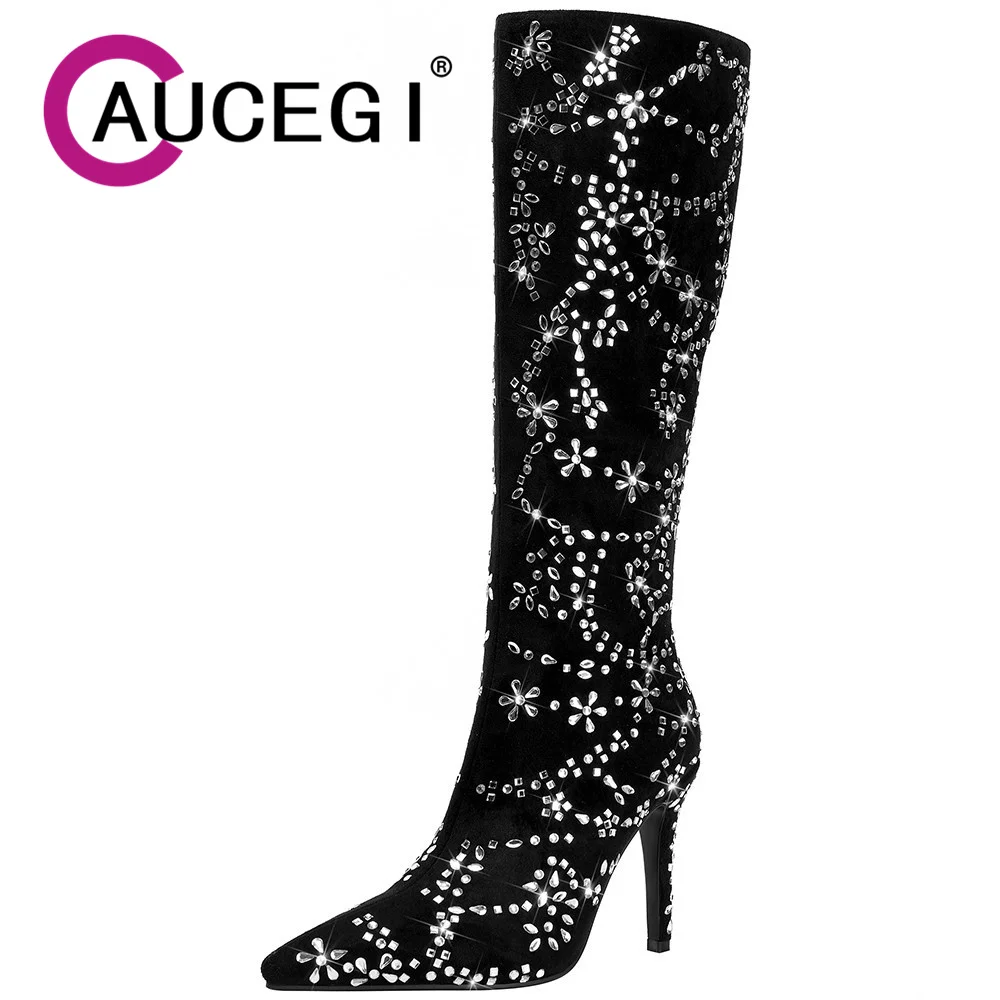Aucegi Sexy Knee High Boots Black Flock Crystal Decor Stilettos High Heel Elegant Women Side Zipper Pointed Toe Party Dress Shoe
Aucegi Sexy Knee High Boots Black Flock Crystal Decor Stilettos High Heel Elegant Women Side Zipper Pointed Toe Party Dress Shoe
