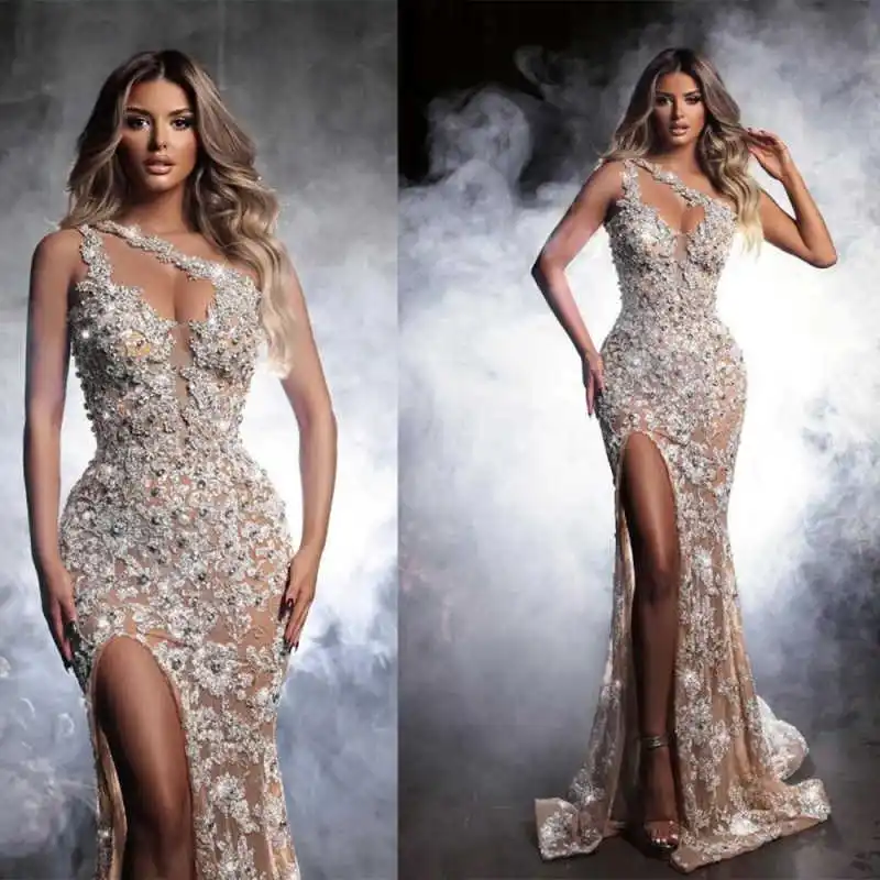 Sexy Mermaid Evening Dress One Shoulder Sleeveless Lace Appliques Rhinestone Side Split Celebrity Party Customized
Sexy Mermaid Evening Dress One Shoulder Sleeveless Lace Appliques Rhinestone Side Split Celebrity Party Customized
