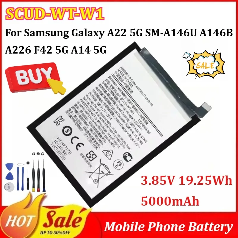 New SCUD-WT-W1 3.85V 19.25Wh 5000mAh Mobile Phone Battery for Samsung Galaxy A22 5G SM-A146U A146B A226 F42 5G A14 5G With tools
New SCUD-WT-W1 3.85V 19.25Wh 5000mAh Mobile Phone Battery for Samsung Galaxy A22 5G SM-A146U A146B A226 F42 5G A14 5G With tools