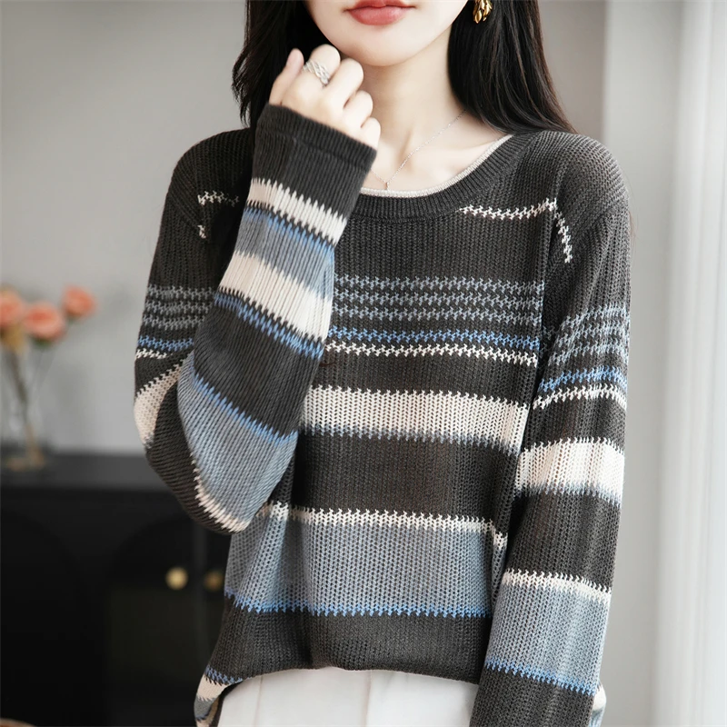 Осенне-зимний новый высококачественный шерстяной полосатый свитер, женский корейский модный вязаный пуловер с круглым вырезом, свободный хит продаж, женский топ
Осенне-зимний новый высококачественный шерстяной полосатый свитер, женский корейский модный вязаный пуловер с круглым вырезом, свободный хит продаж, женский топ