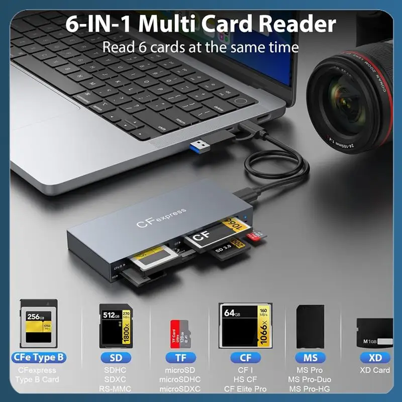 Y22A-6 In 1 Cfexpress Type B Card Reader For Cfexpress Type B/SD/TF/CF/XD/MS,USB 3.2 Gen 2 10Gbps Cfexpress Adapter Memory
Y22A-6 In 1 Cfexpress Type B Card Reader For Cfexpress Type B/SD/TF/CF/XD/MS,USB 3.2 Gen 2 10Gbps Cfexpress Adapter Memory