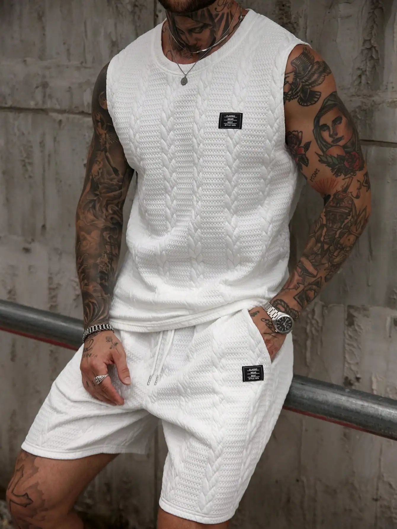 Men's White Knitted Sleeveless Top and Shorts Set - Casual Summer Two-Piece Outfit
Men's White Knitted Sleeveless Top and Shorts Set - Casual Summer Two-Piece Outfit