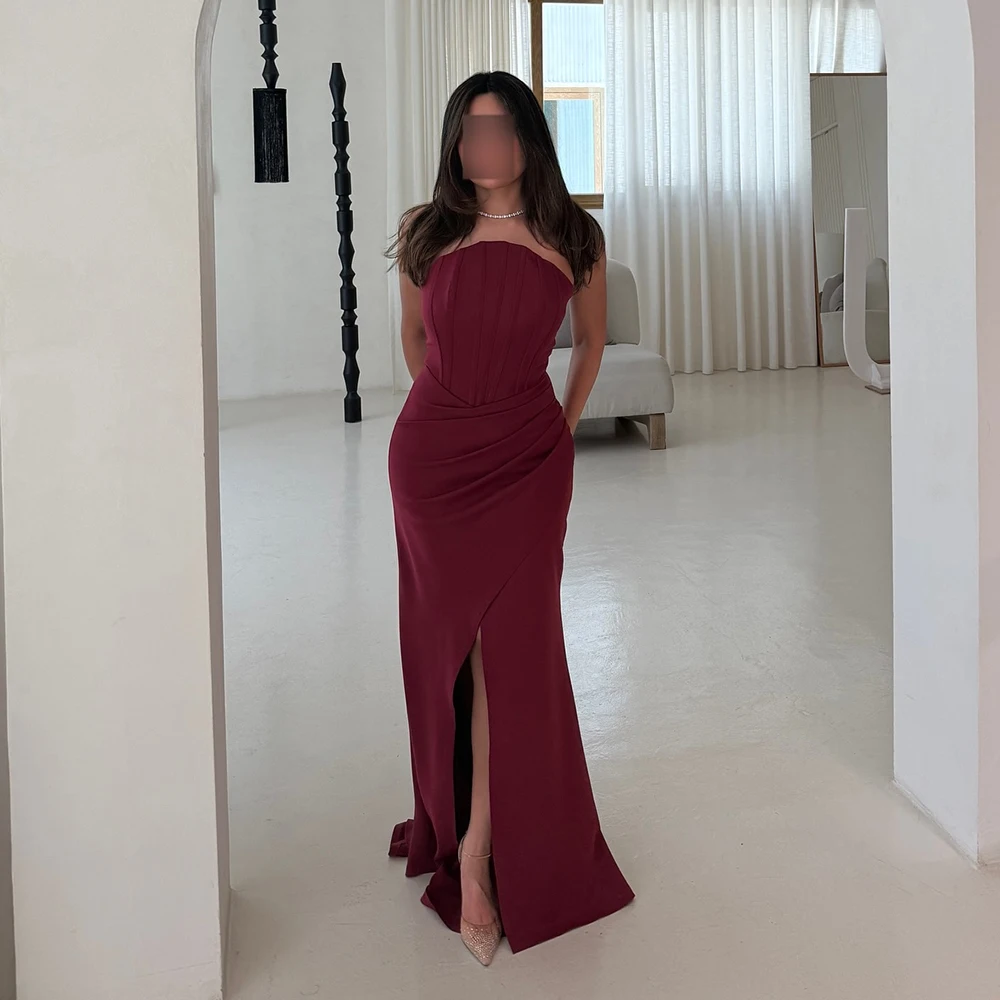 Customized Strapless SImple Mermaid Jersey Evening Dress Sleeveless With Split Sweep Train Party Dress Floor Length Prom Gown 
Customized Strapless SImple Mermaid Jersey Evening Dress Sleeveless With Split Sweep Train Party Dress Floor Length Prom Gown