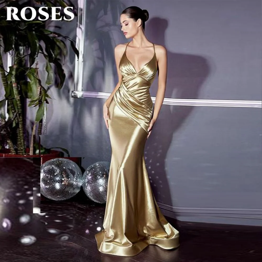 ROSES Gold Sexy Prom Dress Deep V-Neck Backless Prom Gown Satin Pleated Mermaid Evening Dresses for Woman robe soirée Customized
ROSES Gold Sexy Prom Dress Deep V-Neck Backless Prom Gown Satin Pleated Mermaid Evening Dresses for Woman robe soirée Customized