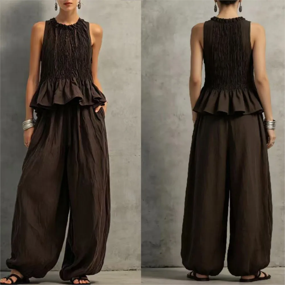 Women Vintage O Neck French style vacation sportswear Simple Ruffle Hem Sleeveless Top High Waist Wide Leg Pants Casual Outfi
Women Vintage O Neck French style vacation sportswear Simple Ruffle Hem Sleeveless Top High Waist Wide Leg Pants Casual Outfi