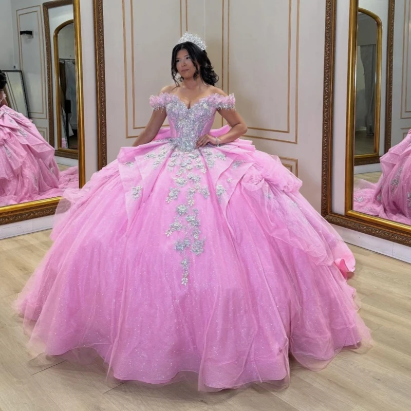 Pink Shiny Quinceanera Dresses Off The Shoulder Applique Lace Beads Bow Tull Party Birthday Sweet 16 Dress Vestidos 15 De Anos
Pink Shiny Quinceanera Dresses Off The Shoulder Applique Lace Beads Bow Tull Party Birthday Sweet 16 Dress Vestidos 15 De Anos