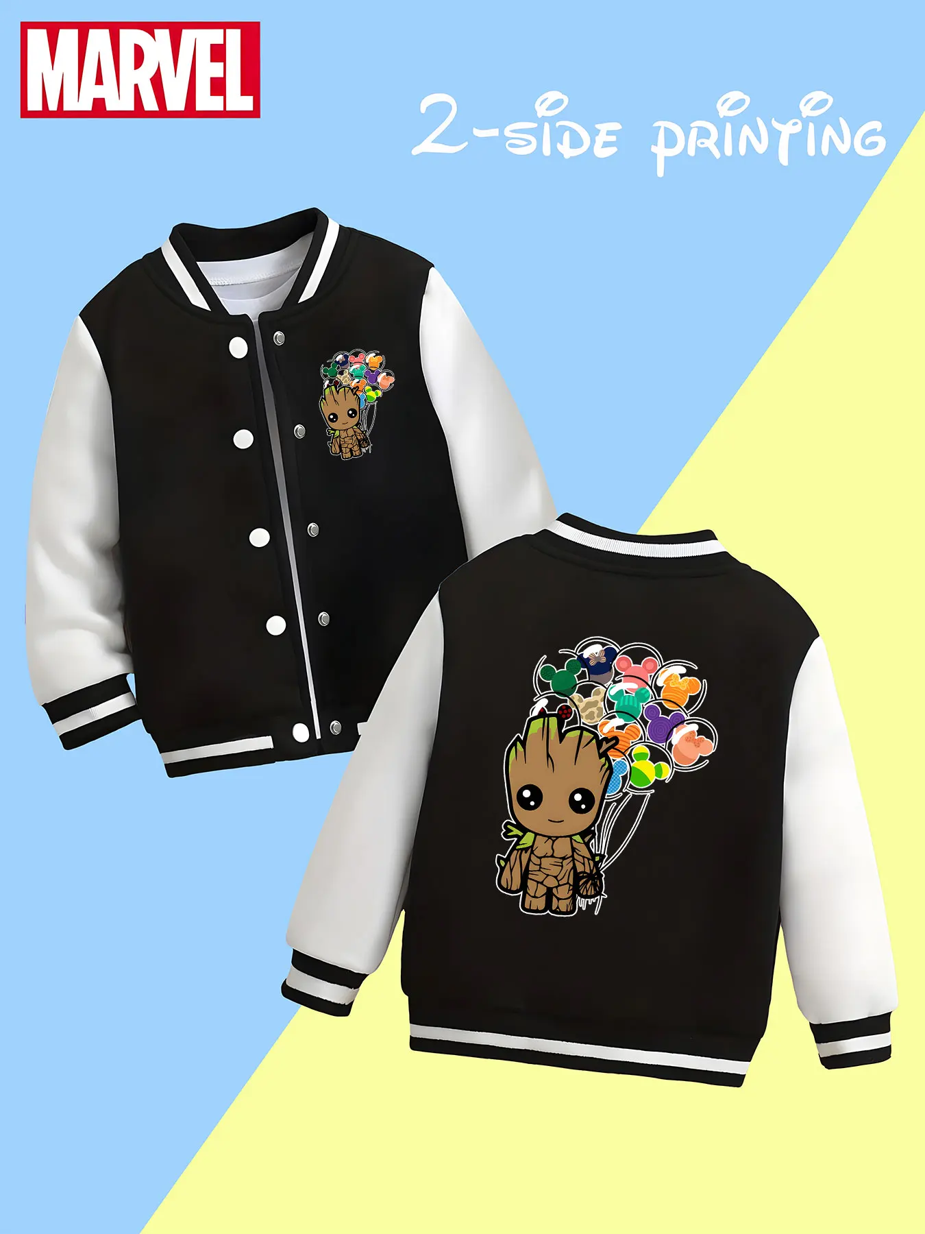 MINISO Marvel Groot Balloon Boys Baseball Jacket - Groot holding a Mickey balloon, double-sided to show dreamy and cute, soft fa
MINISO Marvel Groot Balloon Boys Baseball Jacket - Groot holding a Mickey balloon, double-sided to show dreamy and cute, soft fa