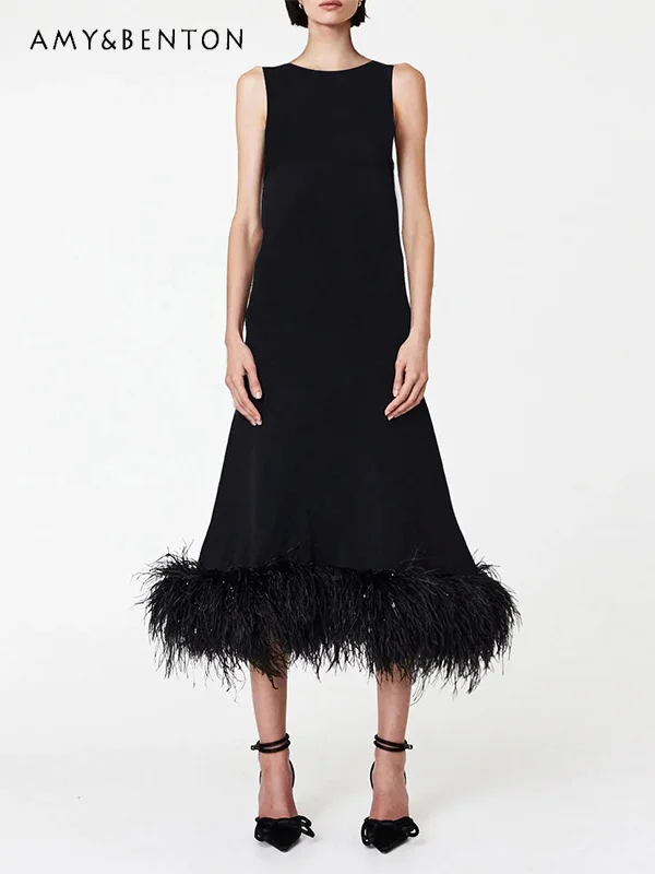 American High-Grade Round Neck Sleeveless Dress for Women Summer Commute Style Fashion Feather Stitching Loose Mid-Length Dress
American High-Grade Round Neck Sleeveless Dress for Women Summer Commute Style Fashion Feather Stitching Loose Mid-Length Dress