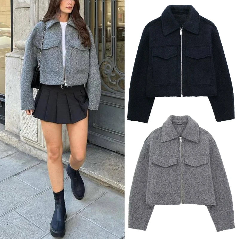 New Women Fashion Zipper Jacket Spring Autumn Grey Black Long Sleeve Laple Neck Pocket Short Coat Female Elegant Chic Outerwear
New Women Fashion Zipper Jacket Spring Autumn Grey Black Long Sleeve Laple Neck Pocket Short Coat Female Elegant Chic Outerwear