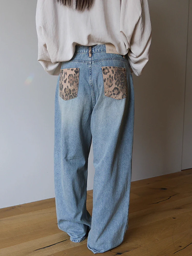 Chic High Waist Faded Blue Denim Pants Ba Leopard Print ket Design Unique Personali Women's Long Trousers Autumn Sle 
Chic High Waist Faded Blue Denim Pants Ba Leopard Print ket Design Unique Personali Women's Long Trousers Autumn Sle