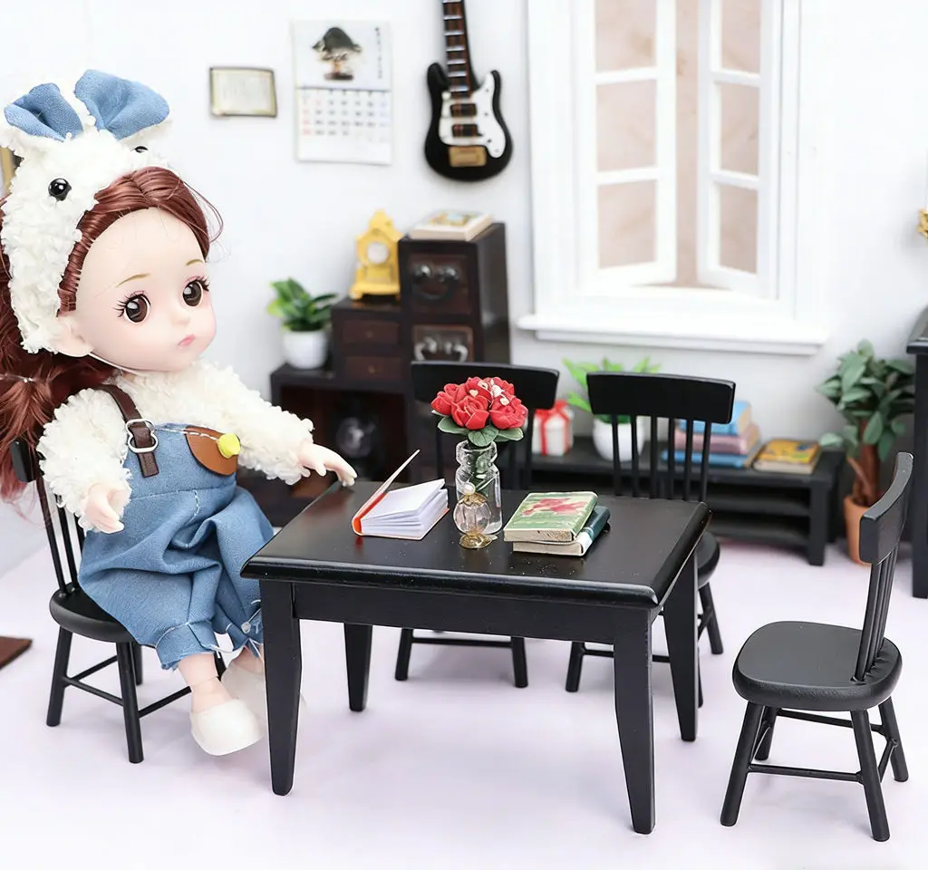1:12 Dollhouse Miniature Dining Room 5-Piece Set - Black Table & Chairs, Realistic Food Toys, Micro Scene Decor Dollhouse
1:12 Dollhouse Miniature Dining Room 5-Piece Set - Black Table & Chairs, Realistic Food Toys, Micro Scene Decor Dollhouse
