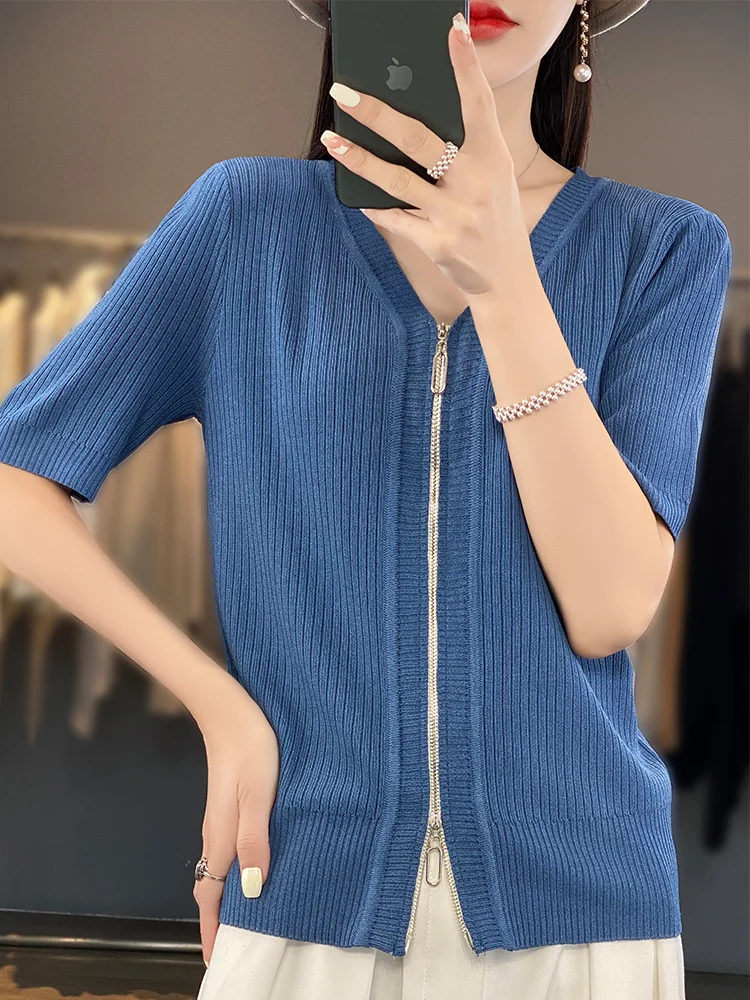 Women's Ice Silk T-shirt V-neck Double Zipper Tees Sweater Pit Strip Cardigan Vest Summer Knitted Bottoming Tops Female Clothing
Women's Ice Silk T-shirt V-neck Double Zipper Tees Sweater Pit Strip Cardigan Vest Summer Knitted Bottoming Tops Female Clothing