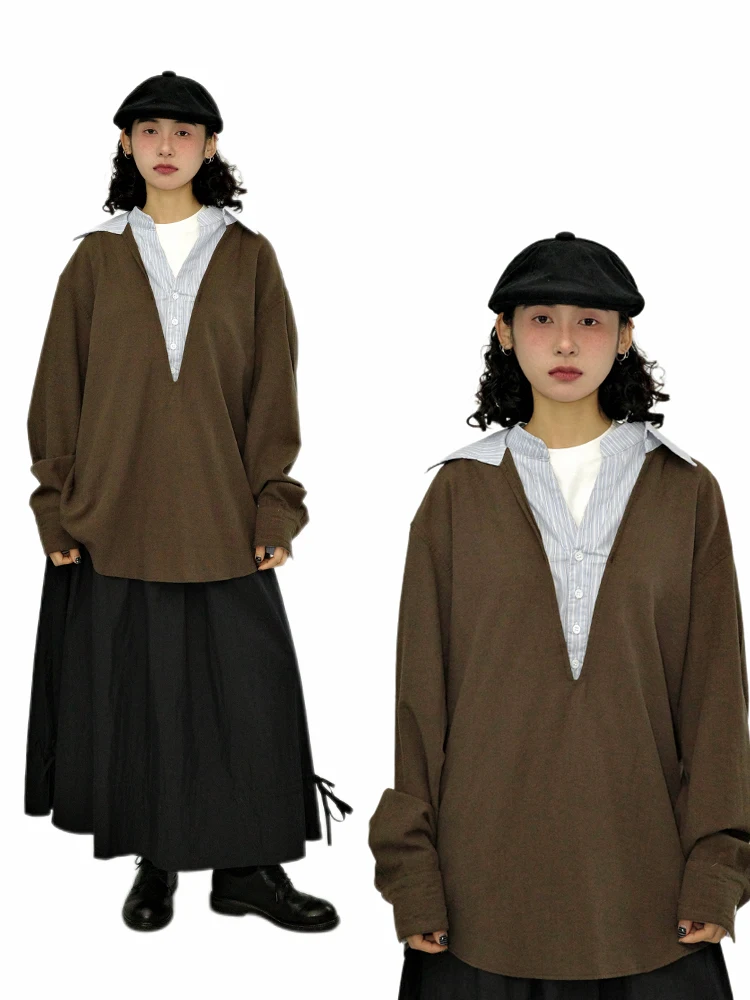 Gulu Oh Retro Spring Autumn Loose Fit Long Sleeve T-Shirt Shirt Collar Patchwork Fake Two-Piece Design Cotton Blend Top
Gulu Oh Retro Spring Autumn Loose Fit Long Sleeve T-Shirt Shirt Collar Patchwork Fake Two-Piece Design Cotton Blend Top
