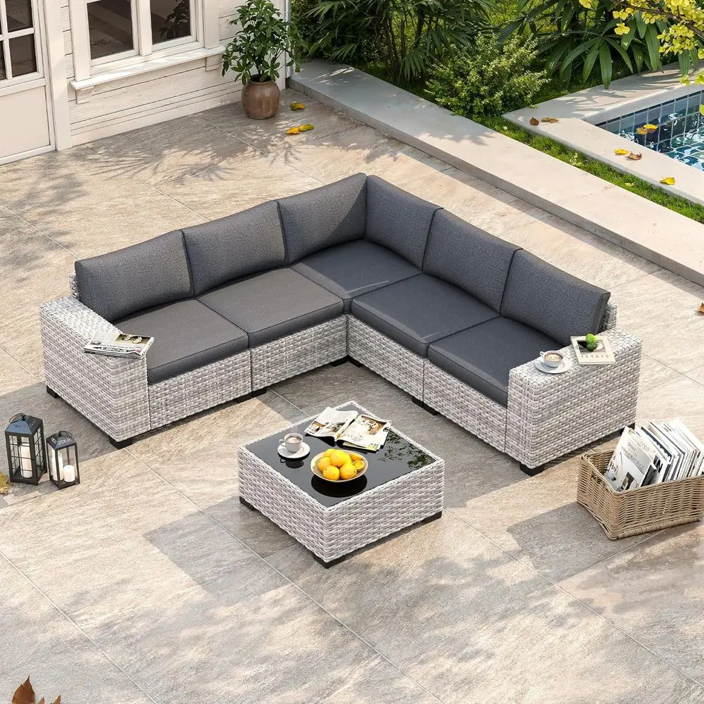 6 Piece Outdoor Sectional Soa Set, 5-Seats Patio Wicker Contion Set with 4" Thickened Cushions & Coee Table, All-Weather PE Ratt
6 Piece Outdoor Sectional Soa Set, 5-Seats Patio Wicker Contion Set with 4" Thickened Cushions & Coee Table, All-Weather PE Ratt