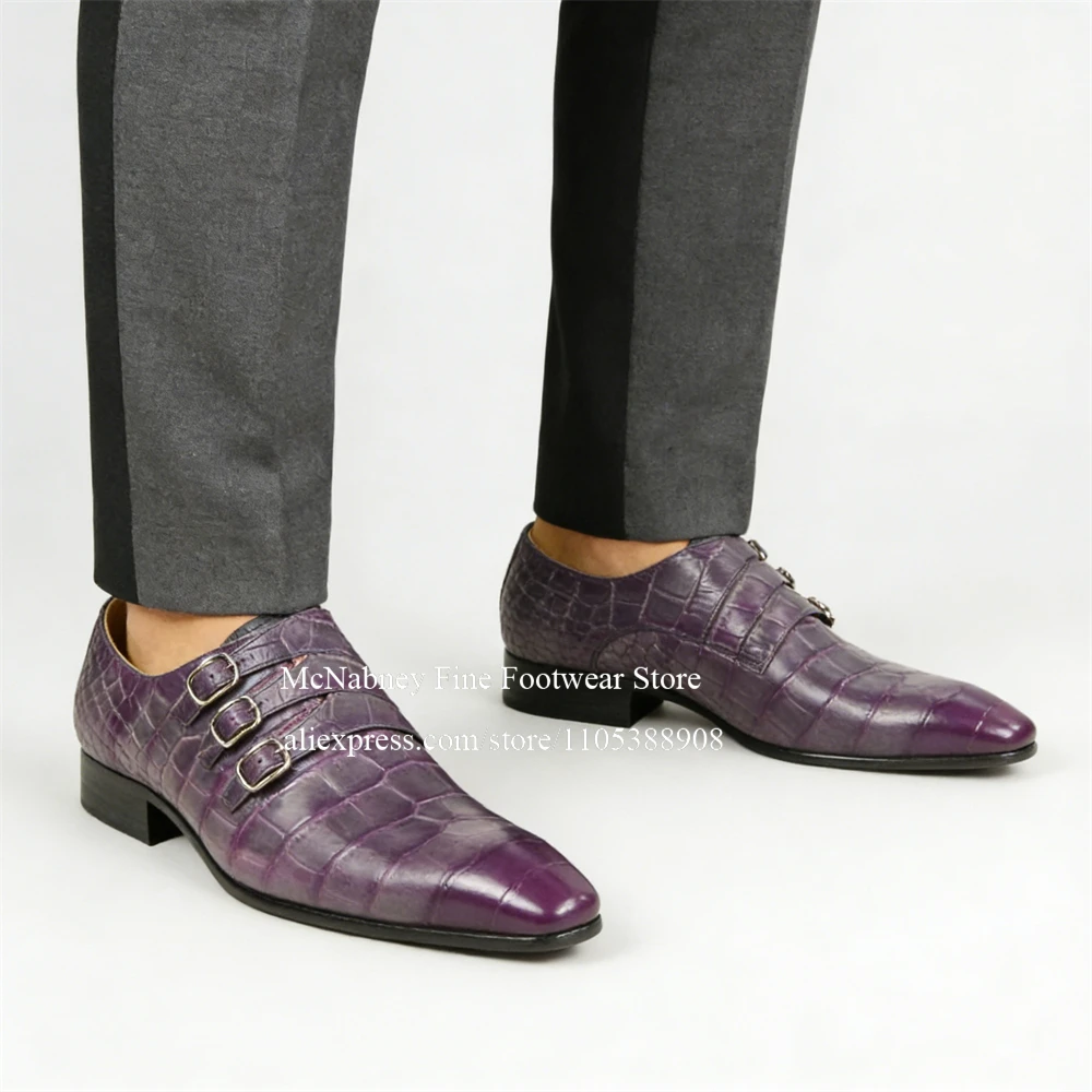 Purple Crocodile Pattern Leather Dress Shoes Monk Strap Buckle Decor Pointed Toe Men Formal Shoes for Wedding Business Occasion
Purple Crocodile Pattern Leather Dress Shoes Monk Strap Buckle Decor Pointed Toe Men Formal Shoes for Wedding Business Occasion