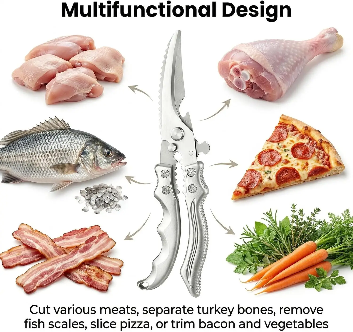 Kitchen Bone Scissors, for Meat, Fish, Bone & Veggie. Safety Lock, Bottle Opener, Durable Cutter for Home Kitchen Daily Use.
Kitchen Bone Scissors, for Meat, Fish, Bone & Veggie. Safety Lock, Bottle Opener, Durable Cutter for Home Kitchen Daily Use.