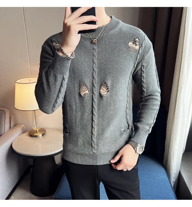 Personalized Hole Solid Color Knitted Sweater Men Korean Slim Sweater Men's Crew Neck Casual Warm Trend Herren Pullover Winter
Personalized Hole Solid Color Knitted Sweater Men Korean Slim Sweater Men's Crew Neck Casual Warm Trend Herren Pullover Winter