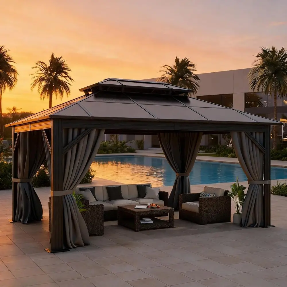 10x12t Gazebo Hardtop Double Roo Polyte Outdoor with Netting and Shaded Curtains, e Garden Tent or Patio, Backyard, Deck and Law
10x12t Gazebo Hardtop Double Roo Polyte Outdoor with Netting and Shaded Curtains, e Garden Tent or Patio, Backyard, Deck and Law