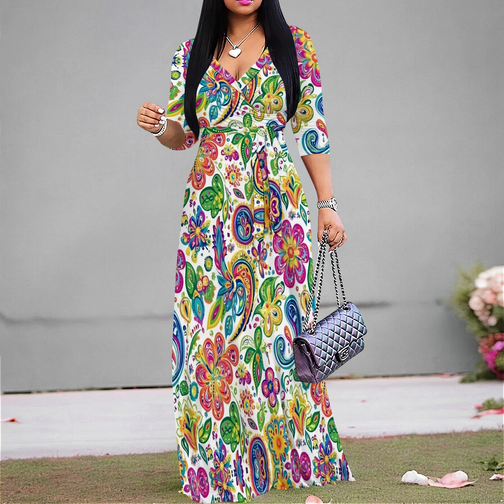 Womens Bright Paisley Floral Print Dresses Wrap V-Neck 3/4 Sleeve Sexy Maxi Dress with Belt
Womens Bright Paisley Floral Print Dresses Wrap V-Neck 3/4 Sleeve Sexy Maxi Dress with Belt