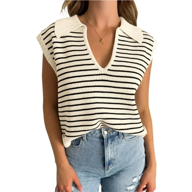 Summer Women Striped Sweater Elegant OL Work Shirt Fashion V-Neck Sleeveless Casual Tops Lady Business Tops
Summer Women Striped Sweater Elegant OL Work Shirt Fashion V-Neck Sleeveless Casual Tops Lady Business Tops