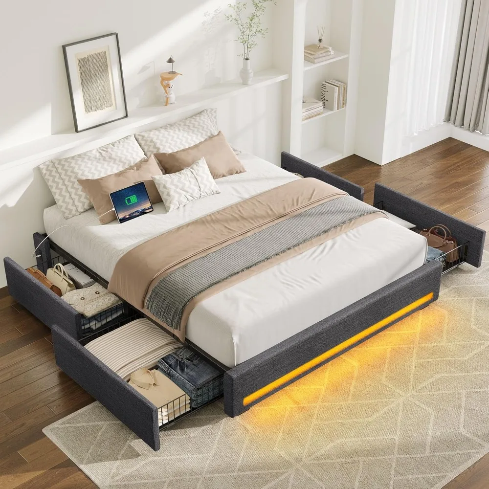 Bed Frame with 4 Storage Drawers,Charging Station, Upholstered Platform Bed with LED Light, Heavy Metal Slats Support, Bed Frame
Bed Frame with 4 Storage Drawers,Charging Station, Upholstered Platform Bed with LED Light, Heavy Metal Slats Support, Bed Frame