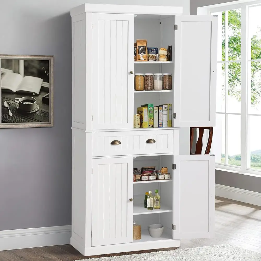 72 Tall Freestanding Wood Pantry Cabinet with 4 Adjustable Shelves for Kitchen, Dining, and Living Room in White
72 Tall Freestanding Wood Pantry Cabinet with 4 Adjustable Shelves for Kitchen, Dining, and Living Room in White