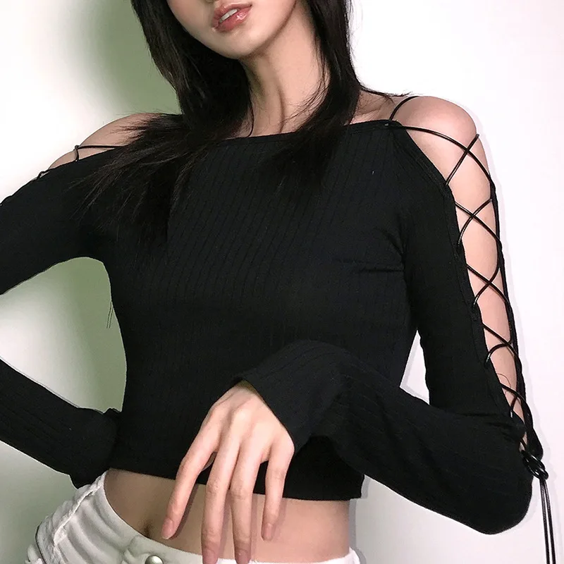 Goth Dark Gothic Bandage Women Off Shoulder Long Sleeve Black T-shirts Crop Tops Knitted Bodycon Casual Patchwork Autumn T-shirt
Goth Dark Gothic Bandage Women Off Shoulder Long Sleeve Black T-shirts Crop Tops Knitted Bodycon Casual Patchwork Autumn T-shirt