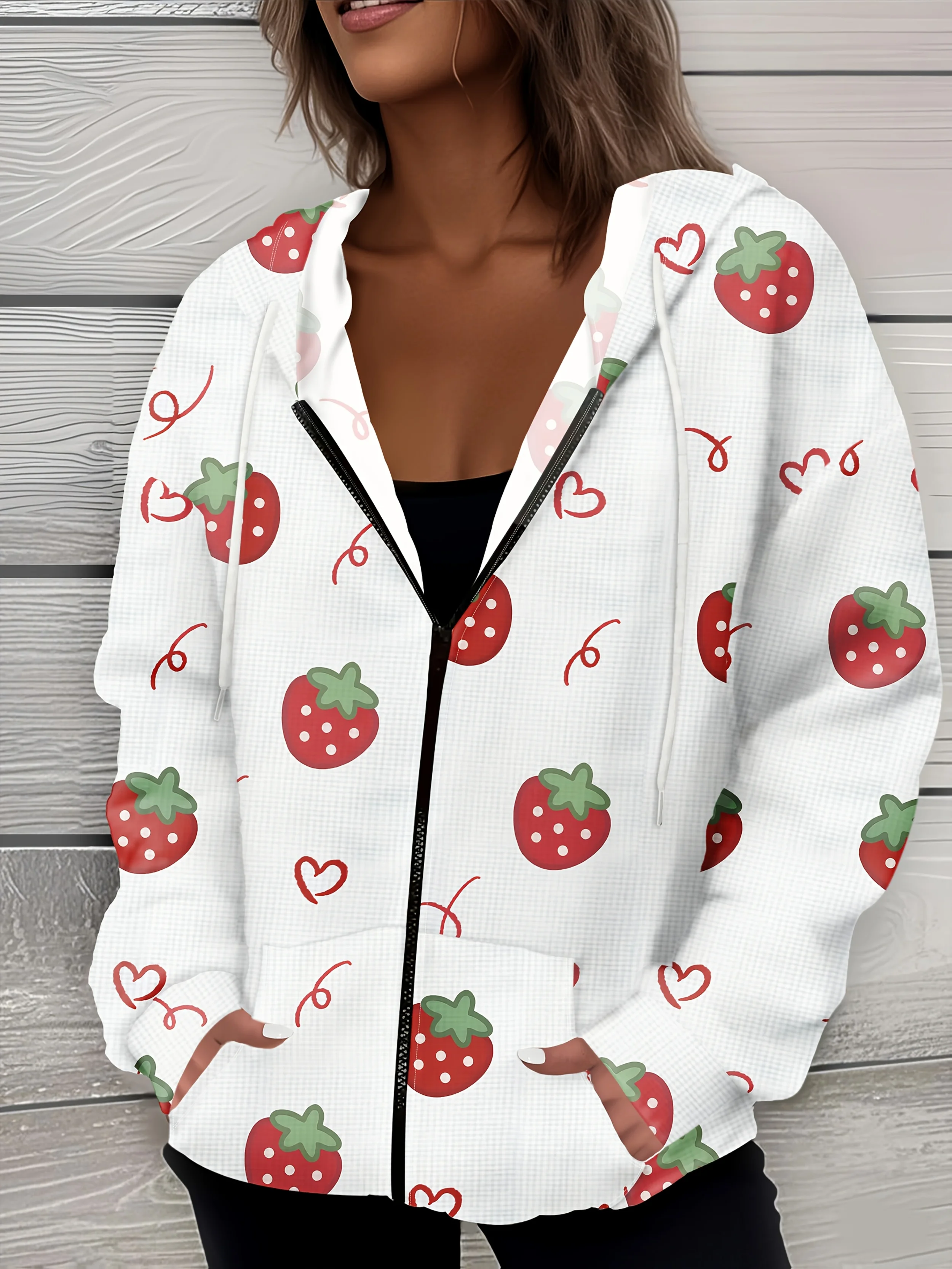 Spring Autumn Casual Hooded Jacket with Strawberry Heart and Swirl Print Long Sleeve Pullover Sweatshirt for Women
Spring Autumn Casual Hooded Jacket with Strawberry Heart and Swirl Print Long Sleeve Pullover Sweatshirt for Women