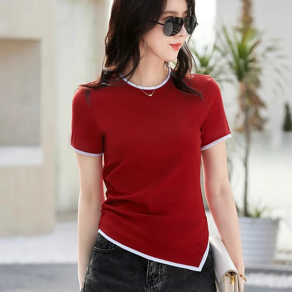 Wine red pure cotton short sleeved T-shirt for women's summer new fashion splicing slim fit irregular fake two-piece casual top
Wine red pure cotton short sleeved T-shirt for women's summer new fashion splicing slim fit irregular fake two-piece casual top