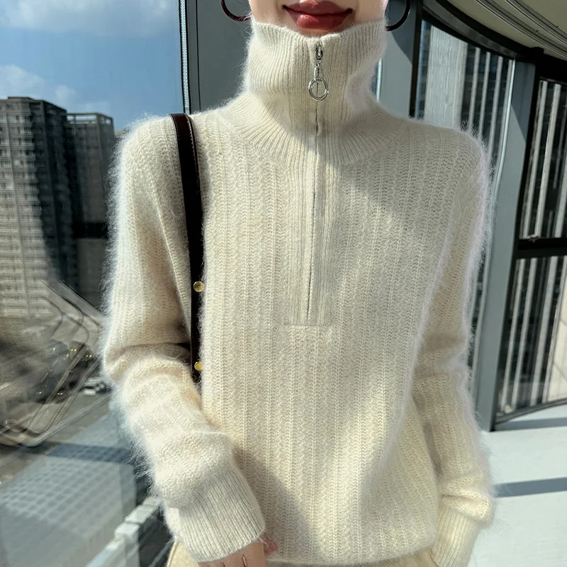 Mock-Neck Autumn And Winter 100% Mink Cashmere Zippered Sweater Pullover Long Sleeve Knitwear Basic Women Clothing Tops
Mock-Neck Autumn And Winter 100% Mink Cashmere Zippered Sweater Pullover Long Sleeve Knitwear Basic Women Clothing Tops