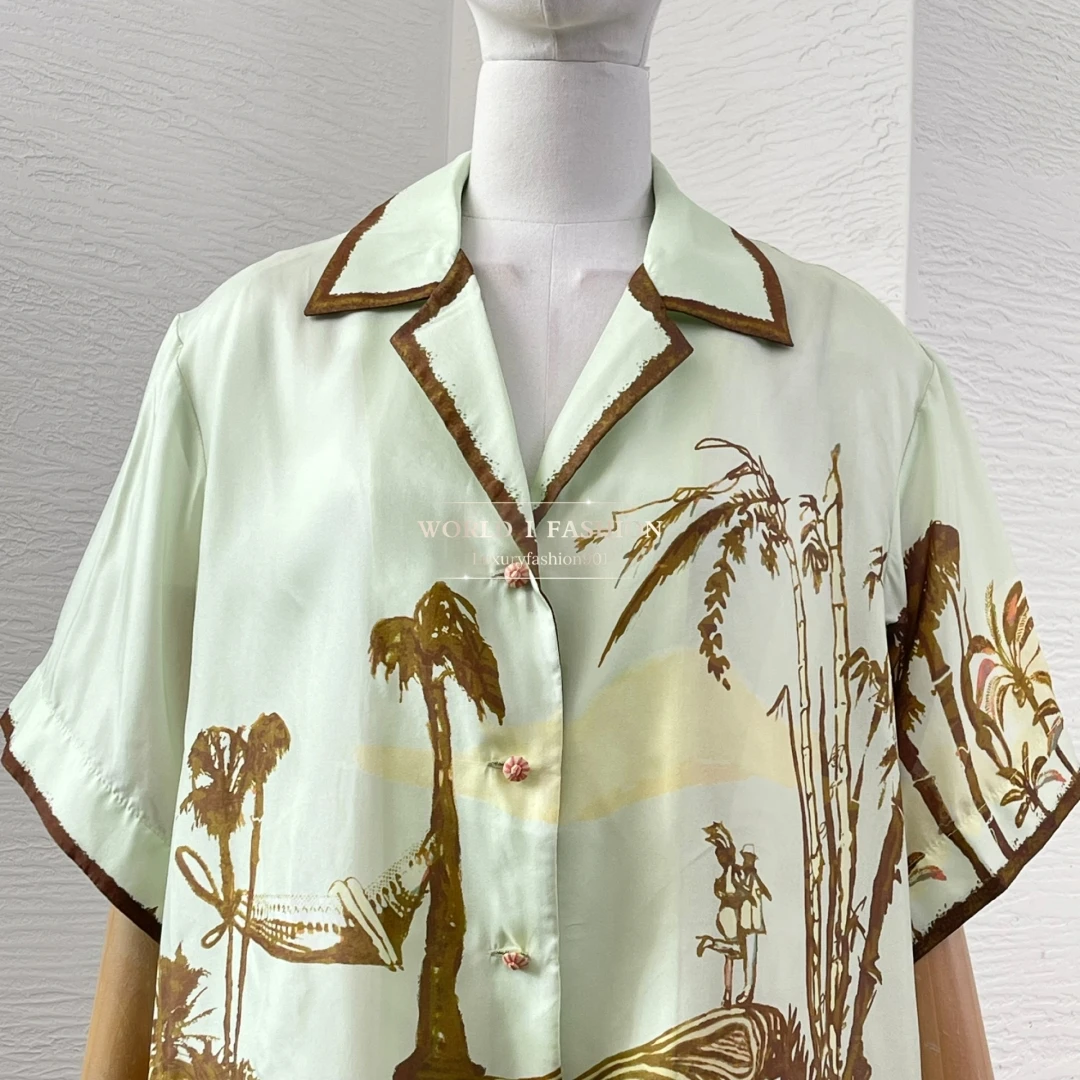 Pure Silk 2025 Latest New High Quality Mint Green Short Sleeve Coconut Tree Floral Print Women Blouse Tops and Shorts Set
Pure Silk 2025 Latest New High Quality Mint Green Short Sleeve Coconut Tree Floral Print Women Blouse Tops and Shorts Set
