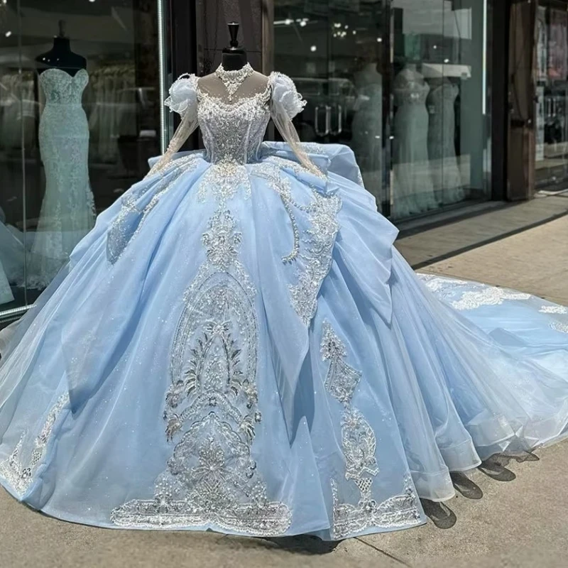 Customized Ice Blue Princess 14 15 Year Girl Quinceanera Dresses Long Sleeve Beading Appique Ball Gown Prom Party Dress Vestido
Customized Ice Blue Princess 14 15 Year Girl Quinceanera Dresses Long Sleeve Beading Appique Ball Gown Prom Party Dress Vestido