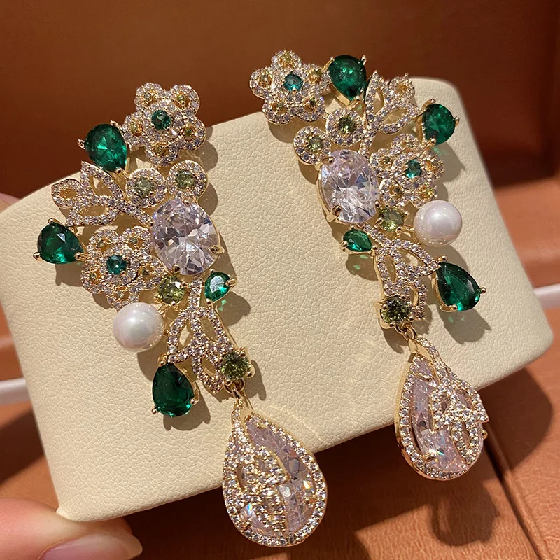 925 Silver Needle Luxury Emerald Pearl Flower Drop Earrings, Elegant Bridal Wedding Party Jewelry Gift for Women
925 Silver Needle Luxury Emerald Pearl Flower Drop Earrings, Elegant Bridal Wedding Party Jewelry Gift for Women