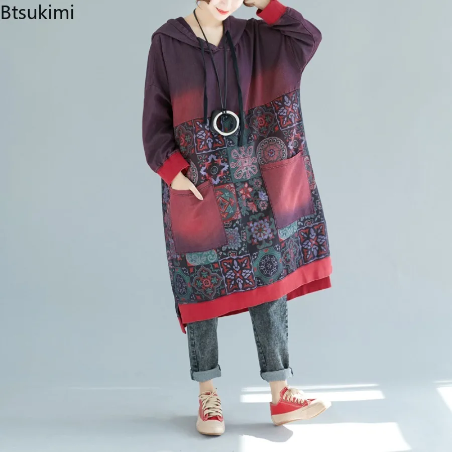 Spring Autumn New Women's Vintage Long Hoodies Fashion Print Casual Pullovers Big Pockets Splice Hooded Dress Women Sweatshirts
Spring Autumn New Women's Vintage Long Hoodies Fashion Print Casual Pullovers Big Pockets Splice Hooded Dress Women Sweatshirts