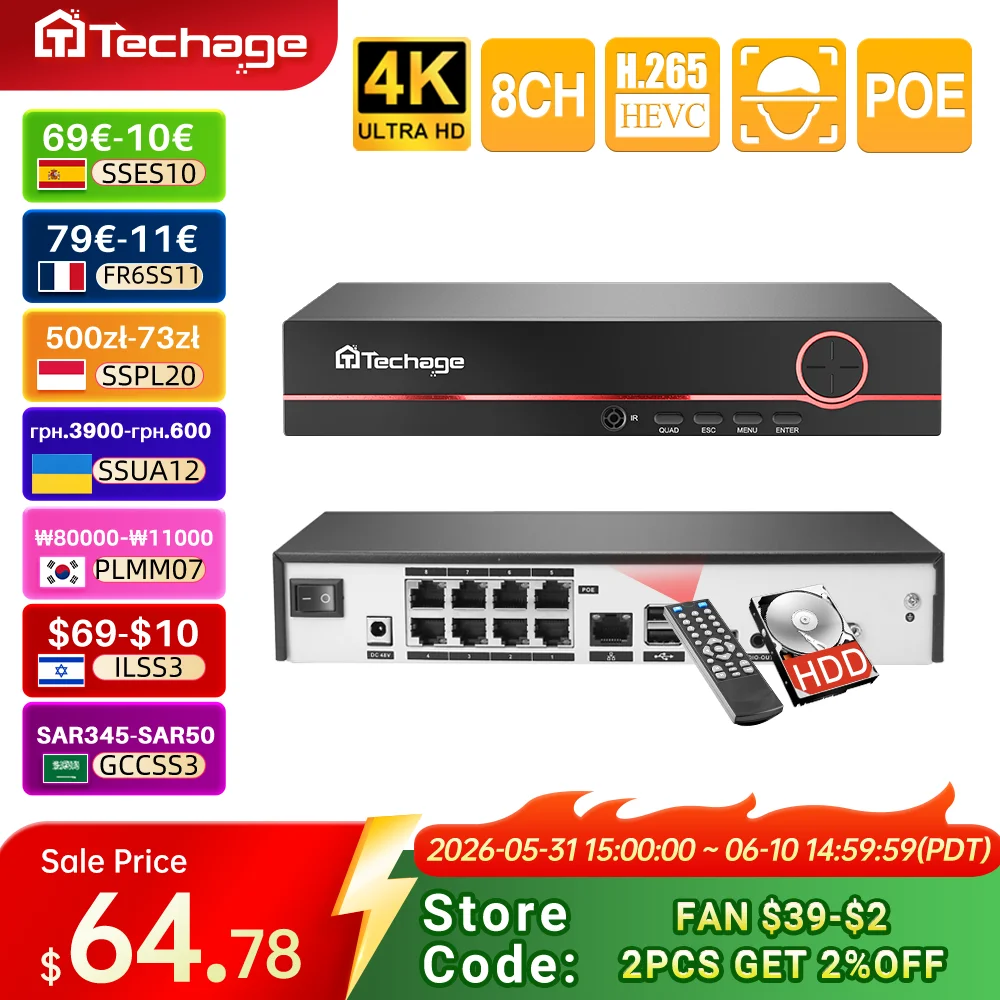Techage H.265 8CH 4K 2K POE NVR Security Surveillance Network Video Recorder Up to 16CH For CCTV System POE IP Camera Recorder
Techage H.265 8CH 4K 2K POE NVR Security Surveillance Network Video Recorder Up to 16CH For CCTV System POE IP Camera Recorder