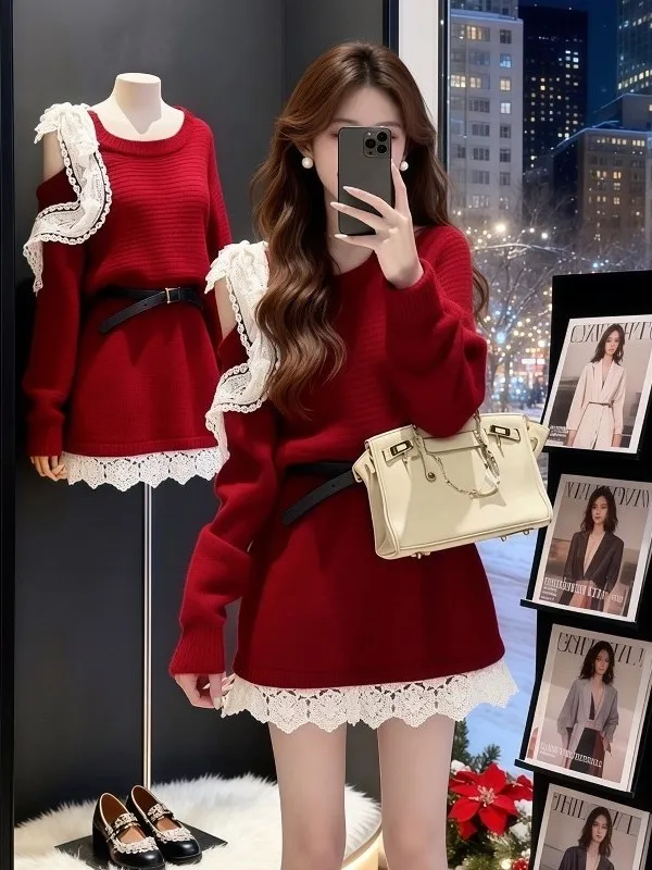 Red Lace Trim Knitted Long Sve ort Dr Women's New Year's Faionable Sweater Dr High Waist A-Line Skirt Sle
Red Lace Trim Knitted Long Sve ort Dr Women's New Year's Faionable Sweater Dr High Waist A-Line Skirt Sle