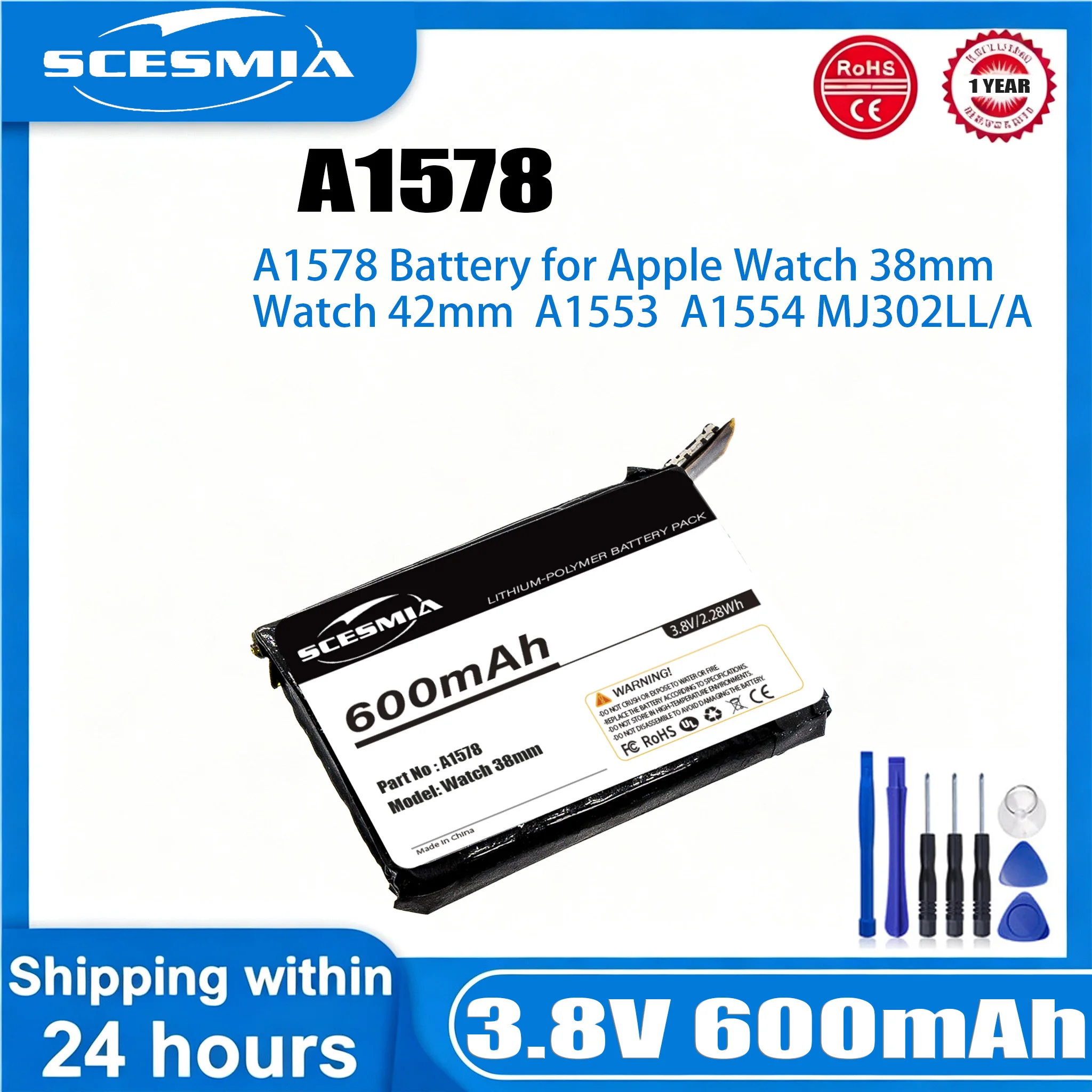 600mAh Battery A1578 for Apple Watch 38mm 42mm A1553 A1554 MJ302LL/A MJ2Y2LL/A MJ312LL/A MJ322LL/A MJ2X2LL/A
600mAh Battery A1578 for Apple Watch 38mm 42mm A1553 A1554 MJ302LL/A MJ2Y2LL/A MJ312LL/A MJ322LL/A MJ2X2LL/A