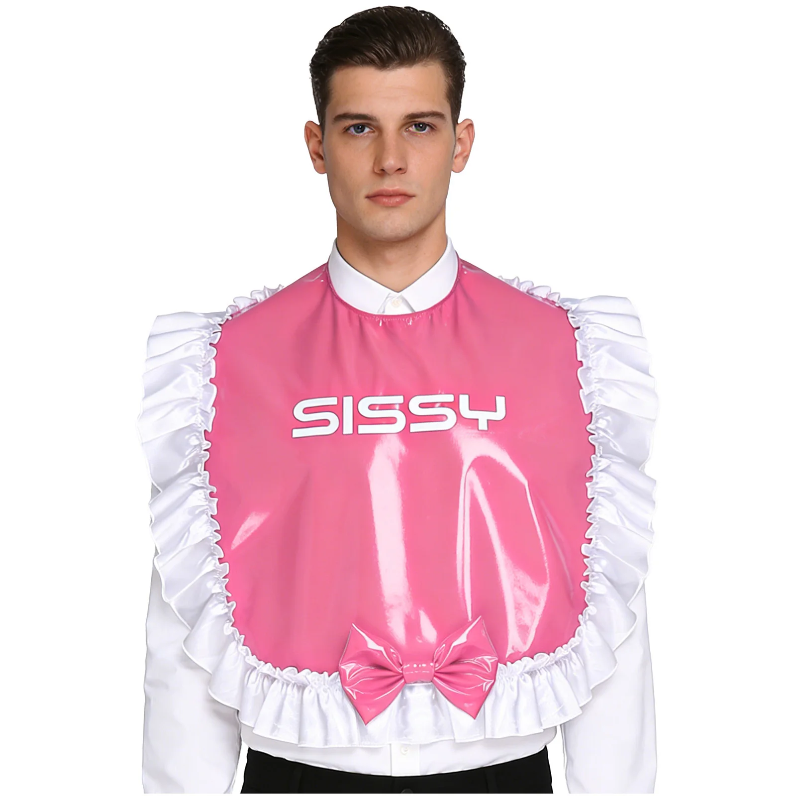 Men Glossy PU Fancy Bibs Maid Cosplay Tops Ruffled Satin Trim Bow Detail Button Closure Bibs for Halloween Dress-up Accessory
Men Glossy PU Fancy Bibs Maid Cosplay Tops Ruffled Satin Trim Bow Detail Button Closure Bibs for Halloween Dress-up Accessory