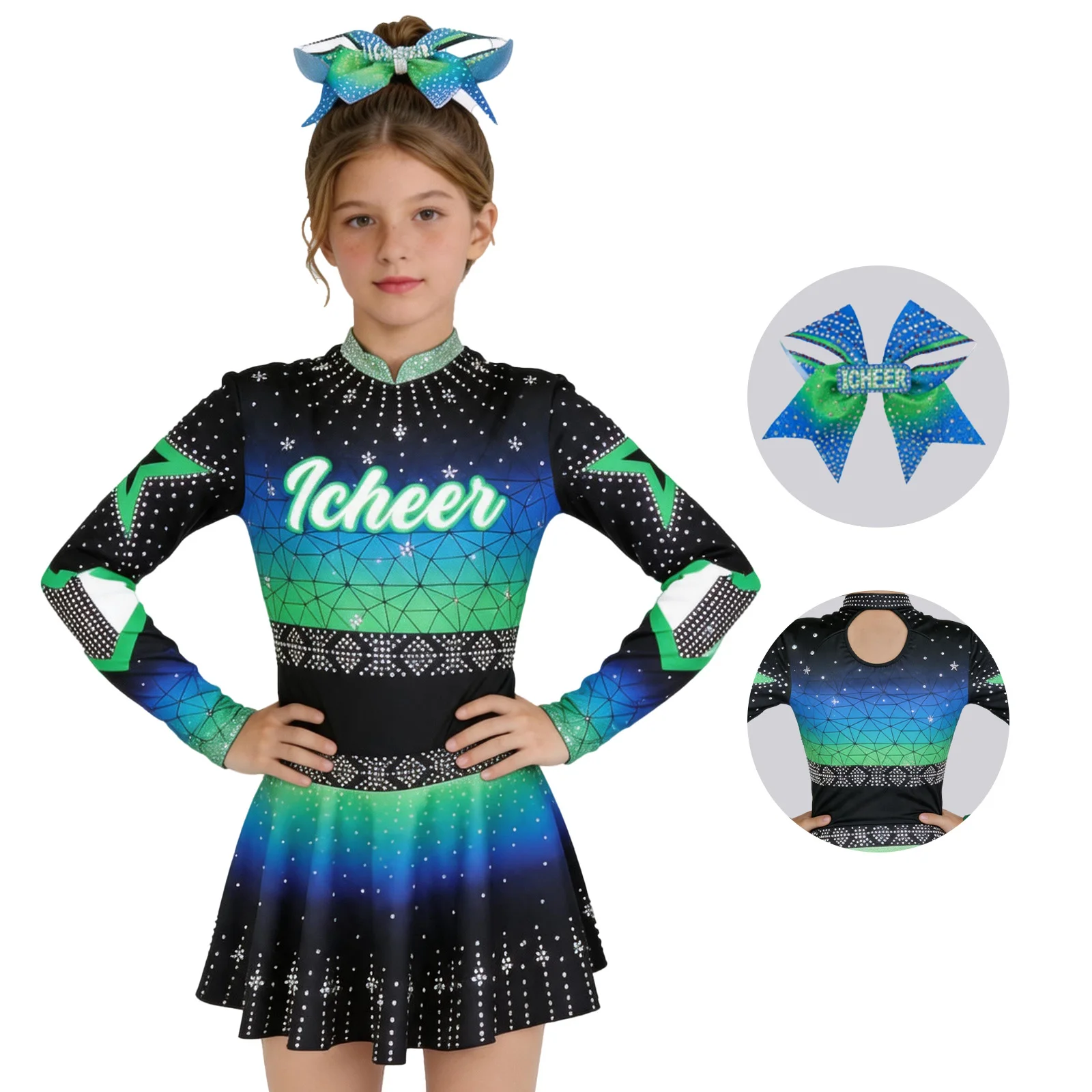 Luxury Girls Sparkly Rhinestone Cheer Dress Cold Shoulder Long Sleeve Gradient Cheer Leader Uniform With Hair Bow Professional
Luxury Girls Sparkly Rhinestone Cheer Dress Cold Shoulder Long Sleeve Gradient Cheer Leader Uniform With Hair Bow Professional