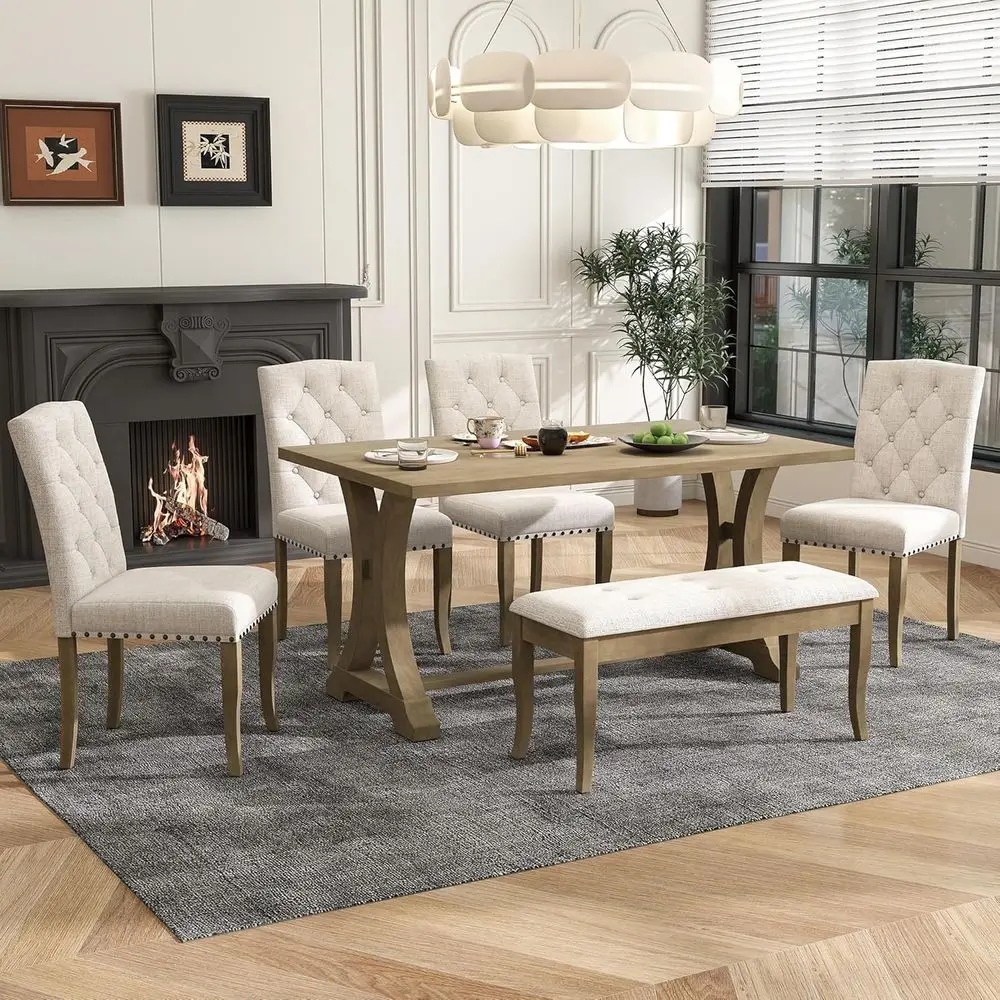 6-Piece Dining Set: Rectangular Trestle Table with 4 Upholstered Chairs & Bench, Natural Wood Wash
6-Piece Dining Set: Rectangular Trestle Table with 4 Upholstered Chairs & Bench, Natural Wood Wash