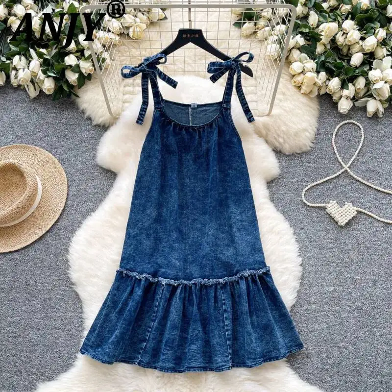 ANJY Summer New Women Korean Style Tide Fashion Sweet Bow Strap Loose Denim Short Dress Washed Retro Casual A-Line Design A23544
ANJY Summer New Women Korean Style Tide Fashion Sweet Bow Strap Loose Denim Short Dress Washed Retro Casual A-Line Design A23544