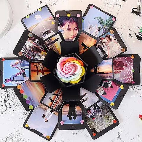 1 DIY zwarte explosiedoos, fotoalbum plakboek handgemaakt opvouwbaar album geheugendoos verjaardag Valentijnsdag voorstel jubileum