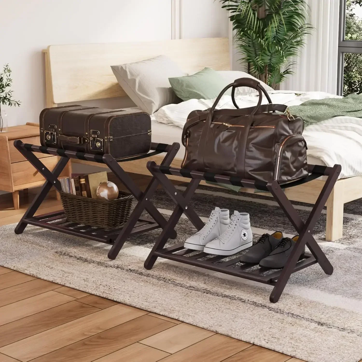 Fully Assembled Brown Luggage Racks Pack of 2, Upgraded Bamboo Foldable Suitcase Stand with 5 Nylon Straps, Luggage Holder with
Fully Assembled Brown Luggage Racks Pack of 2, Upgraded Bamboo Foldable Suitcase Stand with 5 Nylon Straps, Luggage Holder with