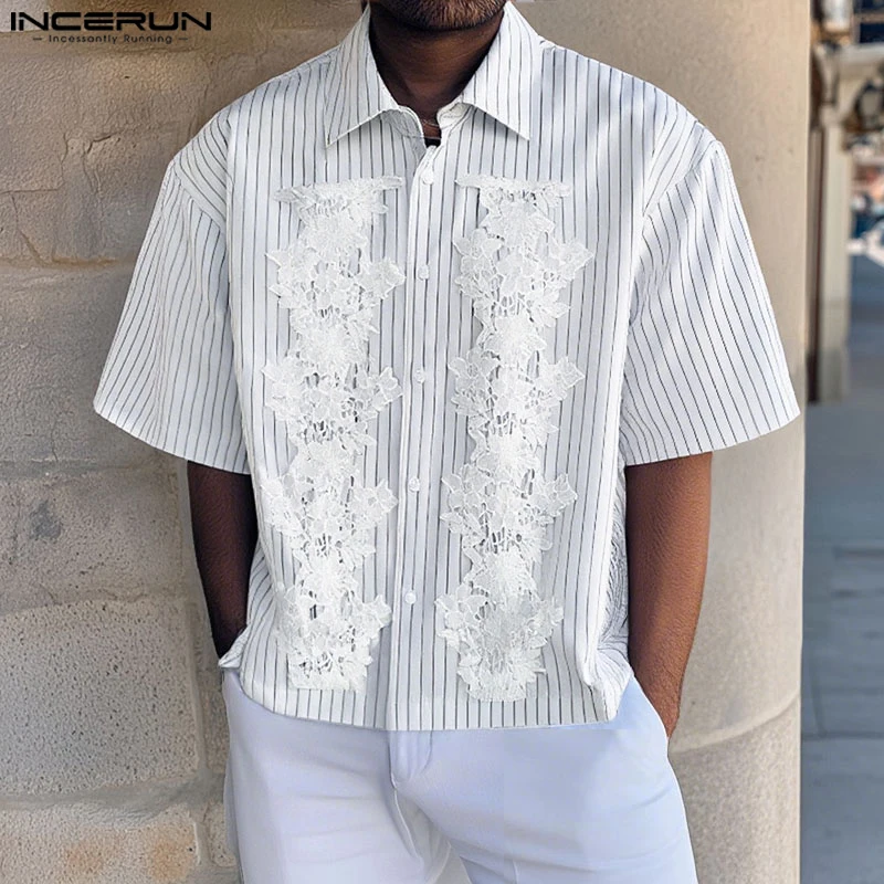 Men Shirt Summer Striped Lace Patchwork Lapel Short Sleeve Men Clothing Streetwear 2025 Stylish Loose Casual Camisas INCERUN
Men Shirt Summer Striped Lace Patchwork Lapel Short Sleeve Men Clothing Streetwear 2025 Stylish Loose Casual Camisas INCERUN