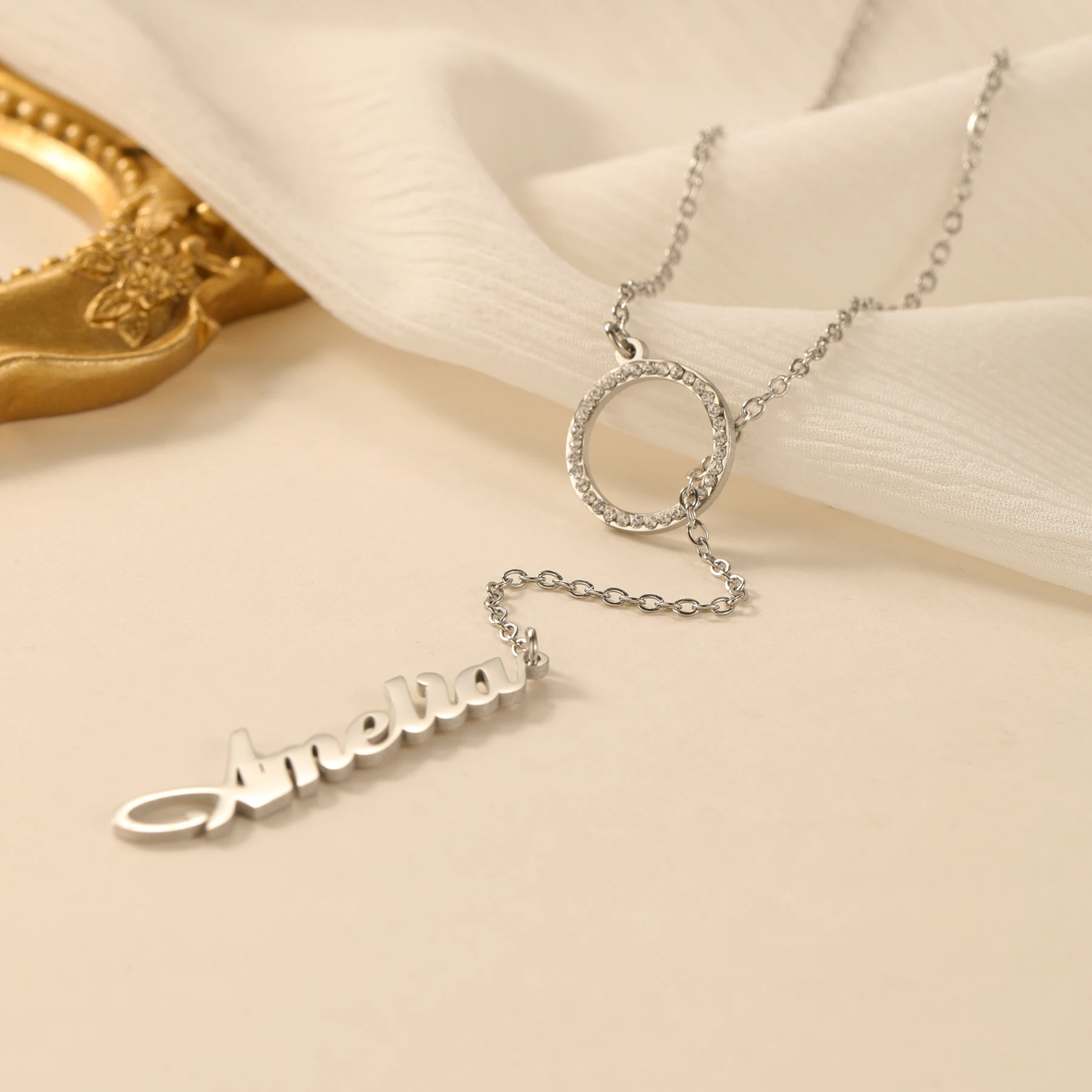Custom Name Pendant Threaded Through Diamond Ring Y-Shaped Necklace Adjustable Length Stainless Steel 18K Gold Plated Women Gift
Custom Name Pendant Threaded Through Diamond Ring Y-Shaped Necklace Adjustable Length Stainless Steel 18K Gold Plated Women Gift