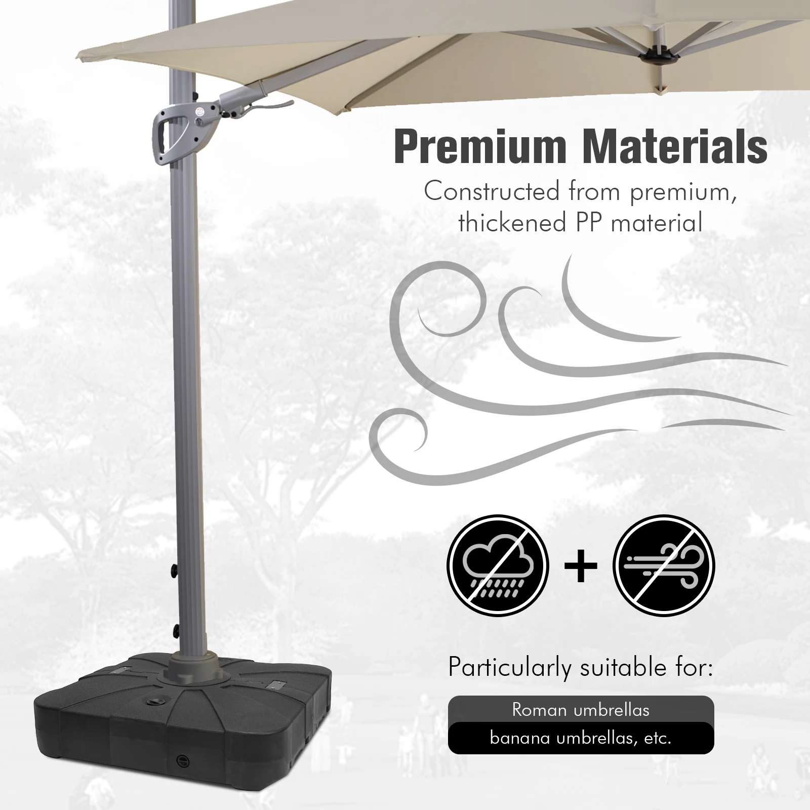 Patio Umbrella Base Fillable Cantilever Offset Patio Umbrella Stand with Wheels for Garden and Poolside
Patio Umbrella Base Fillable Cantilever Offset Patio Umbrella Stand with Wheels for Garden and Poolside